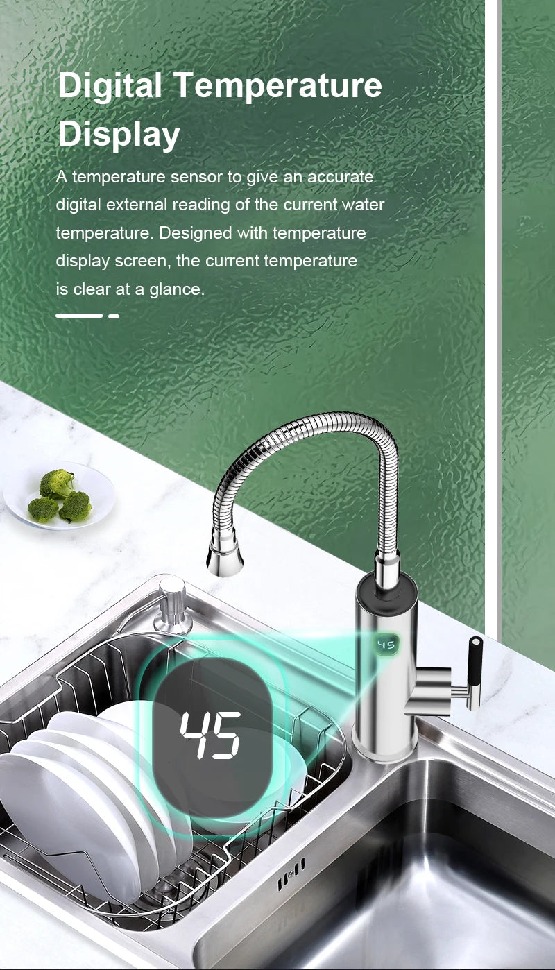 Briwellna Electric Water Heater Flowing Universal Spout Kitchen Faucet 2 in 1 Stainless Steel Electric Faucet 220V Heating Tap