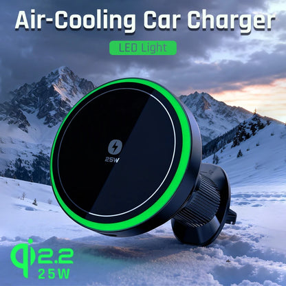 Qi2.2 25W Air-Cooling Car Magnetic Wireless Charger LED Light Phone Stand For Magsafe iPhone 17~12 Pro Max Fast Charging Station
