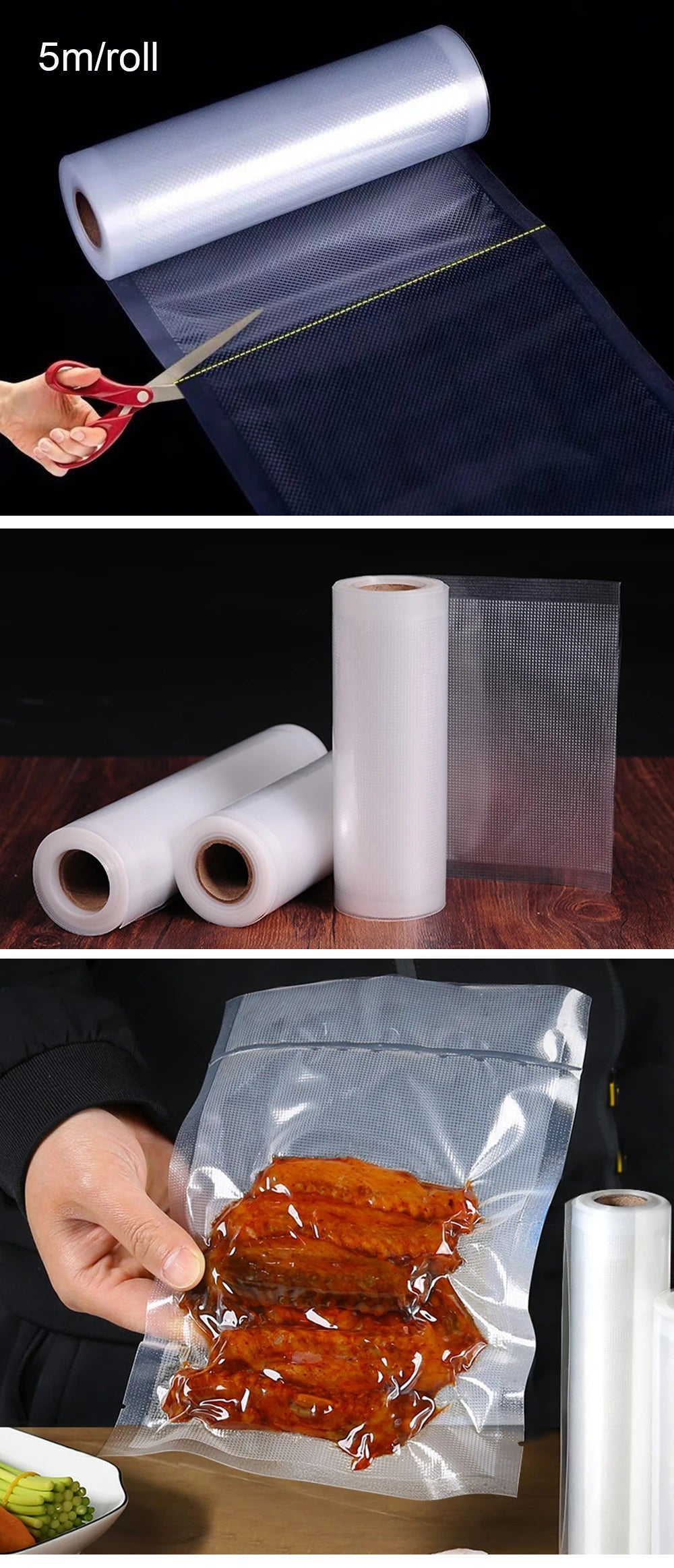 Food Vacuum Storage Packaging Bags for Vacuum Sealer Meat Fruit Vegetable Vacuum Sealer Bags Rolls 12/15/20/25/30cm 500cm/roll