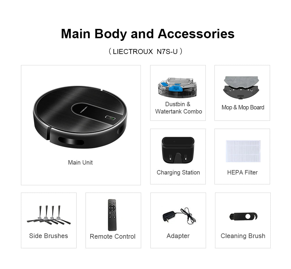   (promo code:   AEEU55 )Robot Vacuum Cleaner And Wet Mop 2-in-1 LIECTROUX N7S-U,Smart Mapping,WiFi App,4000Pa,BLDC Motor,Ideal for Pet Hair,Carpet,Floor