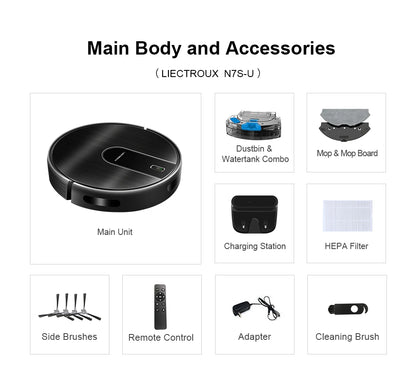   (promo code:   AEEU55 )Robot Vacuum Cleaner And Wet Mop 2-in-1 LIECTROUX N7S-U,Smart Mapping,WiFi App,4000Pa,BLDC Motor,Ideal for Pet Hair,Carpet,Floor