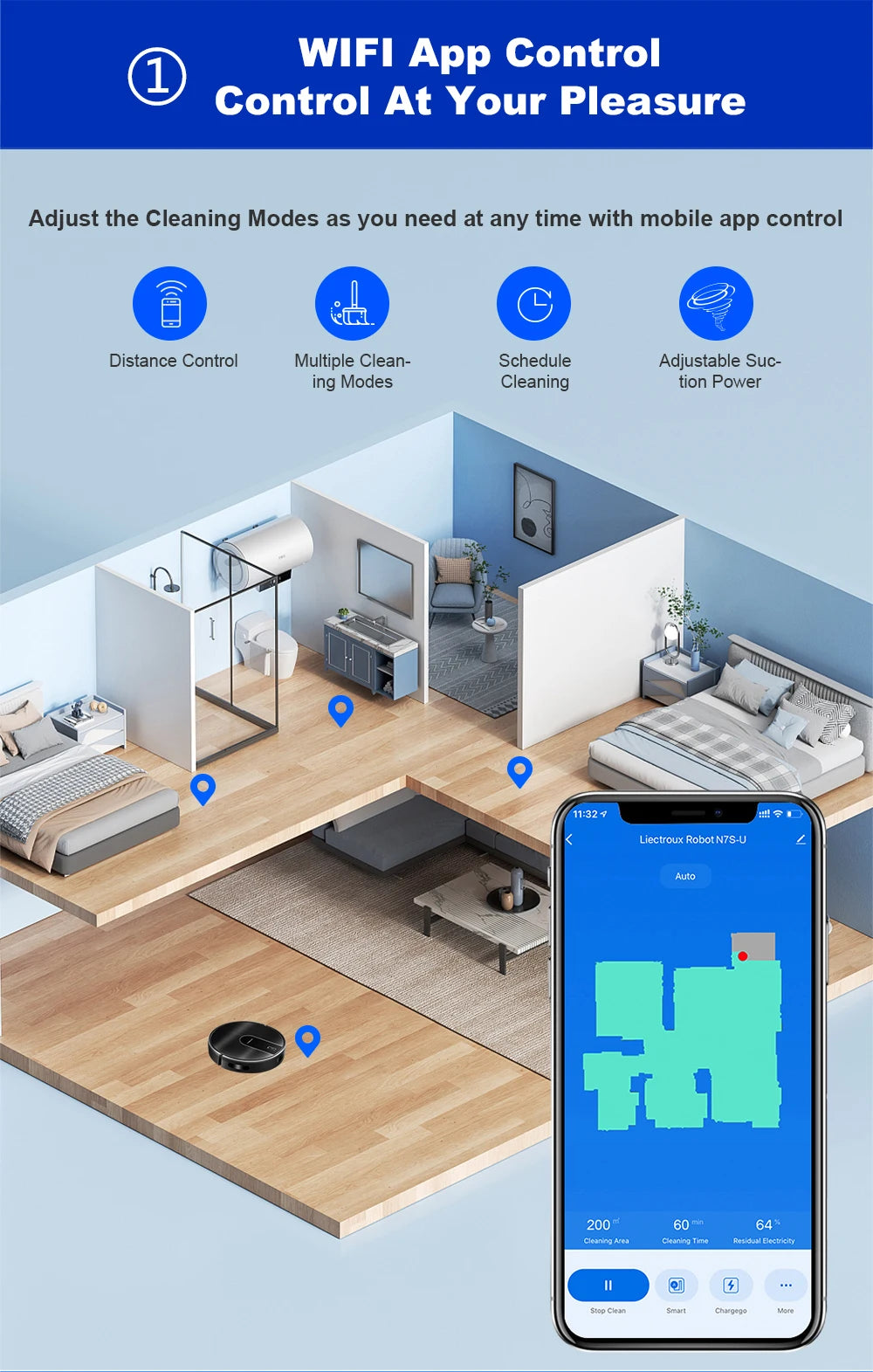   (promo code:   AEEU55 )Robot Vacuum Cleaner And Wet Mop 2-in-1 LIECTROUX N7S-U,Smart Mapping,WiFi App,4000Pa,BLDC Motor,Ideal for Pet Hair,Carpet,Floor